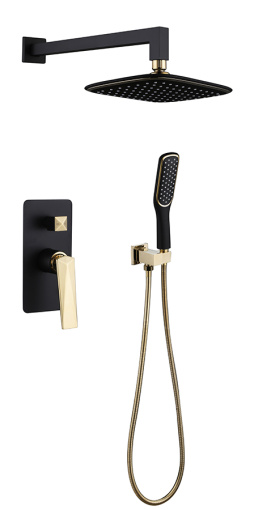 384-B Смеситель встроенный + верхний душ + ручной душ черный-золото