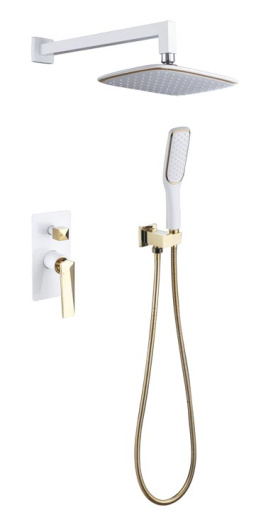 384-W Смеситель встроенный + верхний душ + ручной душ белый-золото