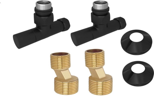 Комплект фитингов для нижнего подключения водяных полотенцесушителей типа лесенка Aquatek ( вентиль круглый г/ш 3/4х1/2 - 2 шт + эксцентрик 3/4х1/2 - 2 шт + отражатель 3/4 - 2 шт), цвет черный муар