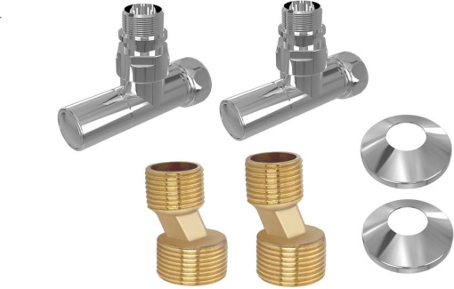 Комплект фитингов для нижнего подключения водяных полотенцесушителей типа лесенка Aquatek ( вентиль круглый г/ш 3/4х1/2 - 2 шт + эксцентрик 3/4х1/2 - 2 шт + отражатель 3/4 - 2 шт), цвет хром