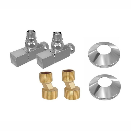 Комплект фитингов для нижнего подключения водяных полотенцесушителей типа лесенка Aquatek ( вентиль квадрат г/ш 3/4х1/2 - 2 шт + эксцентрик 3/4х1/2 - 2 шт + отражатель 3/4 - 2 шт), цвет хром