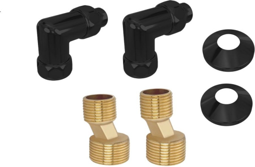 Комплект фитингов для нижнего подключения водяных полотенцесушителей типа лесенка Aquatek ( уголок со сгоном 3/4х1/2 - 2 шт + эксцентрик 3/4х1/2 - 2 шт + отражатель 3/4 - 2 шт), цвет черный муар