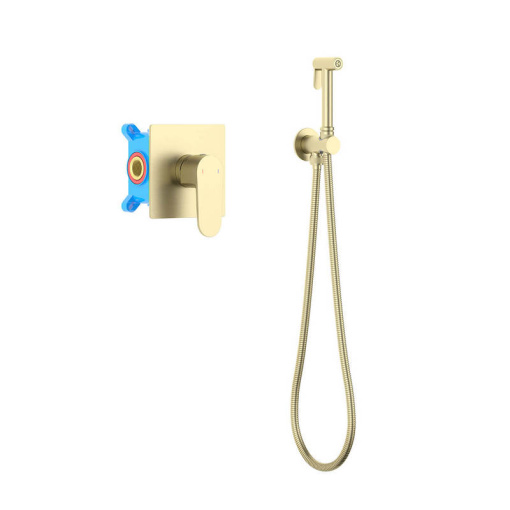 AQ1219BG ОБЕРОН набор с гигиеническим душем (смеситель + гигиеническая лейка + шланг + шланговое подсоединение с держателем), шлиф. золото