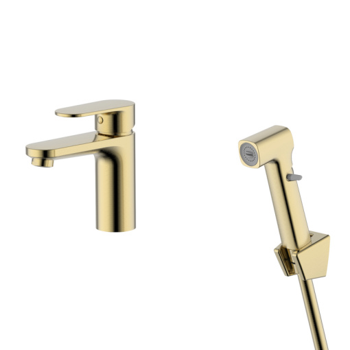 AQ1812BG НИКА смеситель для раковины 90 без донного клапана с гигиеническим ручным душем, шлиф.золото