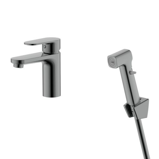 AQ1812BGM НИКА смеситель для раковины 90 без донного клапана с гигиеническим ручным душем, оружейная сталь