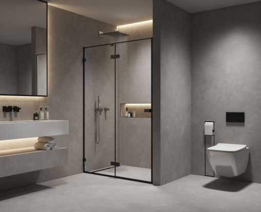 Душевая дверь в нишу 1400х2000 мм, стекло 8 мм, прозрачное, EasyClean, цвет профиля черный матовый