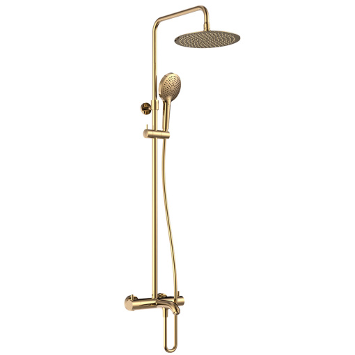 AQM8008BG   Душ. сист. с терм. и изливом, Ø250, лейка 3 реж,  высота 1100-1500мм, Brushed gold