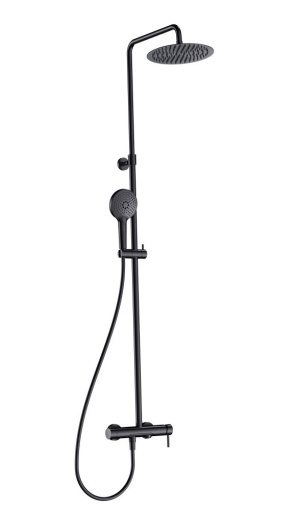 AQM8011MB Душевая система со смесителем и изливом, Ø250, лейка 3 реж, 1100-1500мм, черный матовый
