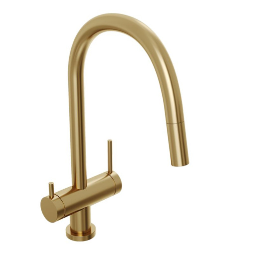 Смеситель для кухни Abelsberg Aera EMF71709BG c вытяжным изливом и возможностью подключения фильтра для воды, цвет королевское золото, PVD покрытие