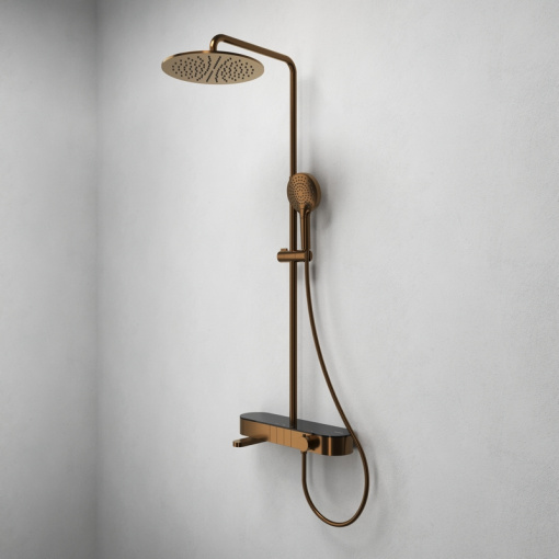 Душевая система Abelsberg Intensa SNS52655BC с термостатом и полкой для ванны и душа, песчаная медь