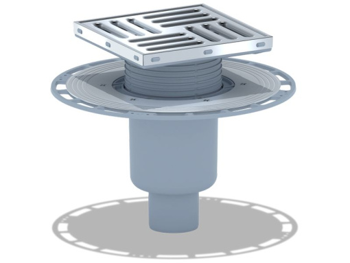 Трап вертикальный регулируемый АНИ Пласт THA5712 выпуск 50 мм с решеткой из нержавеющей стали 150х150 мм