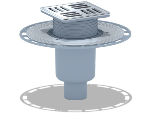 Трап вертикальный регулируемый АНИ Пласт THA5714M выпуск 50 мм с решеткой и обрешеткой из нержавеющей стали 120х120 мм