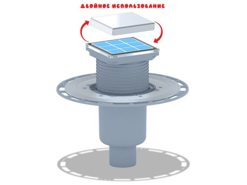 Трап вертикальный регулируемый АНИ Пласт THA5902 выпуск 50 мм с решеткой из нержавеющей стали 100х100 мм под плитку