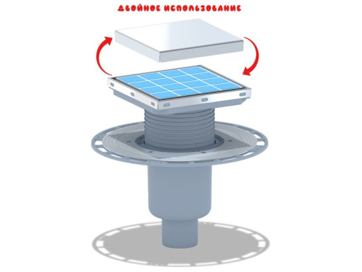 Трап вертикальный регулируемый АНИ Пласт THA5912 выпуск 50 мм с решеткой из нержавеющей стали 150х150 мм под плитку